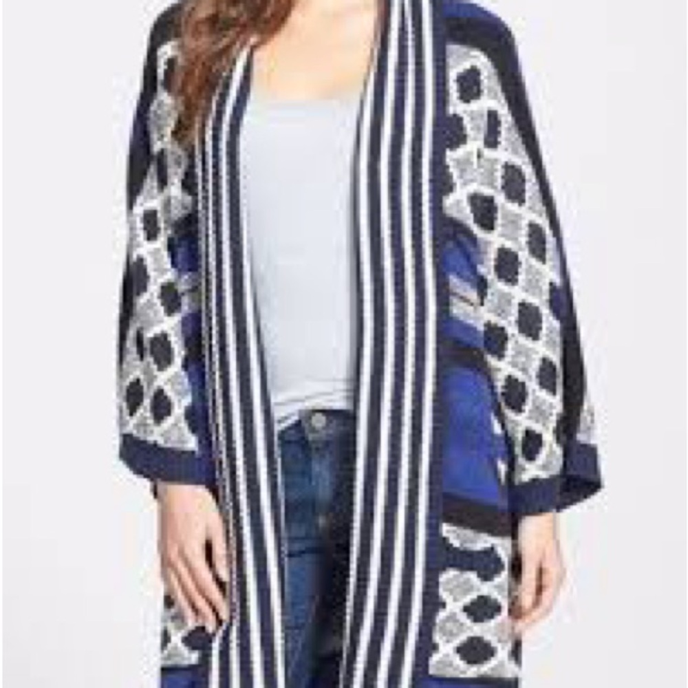 Lucky in Love Navy and White Aztec Tribal Print Cardigan Size XS